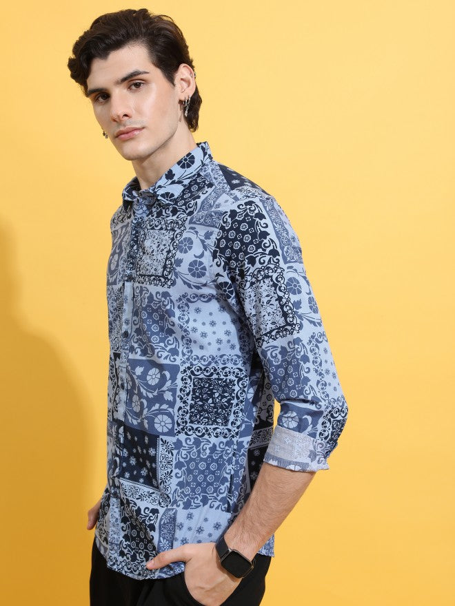 Highlander Men Blue Printed Slim Fit Casual Shirt - Blue - Image 4
