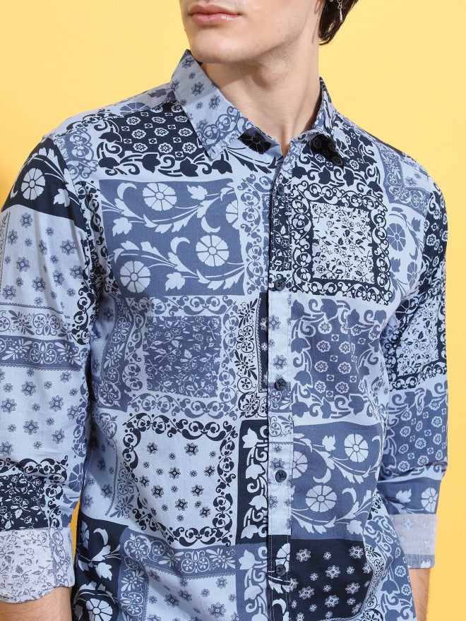Highlander Men Blue Printed Slim Fit Casual Shirt - Blue - Image 5