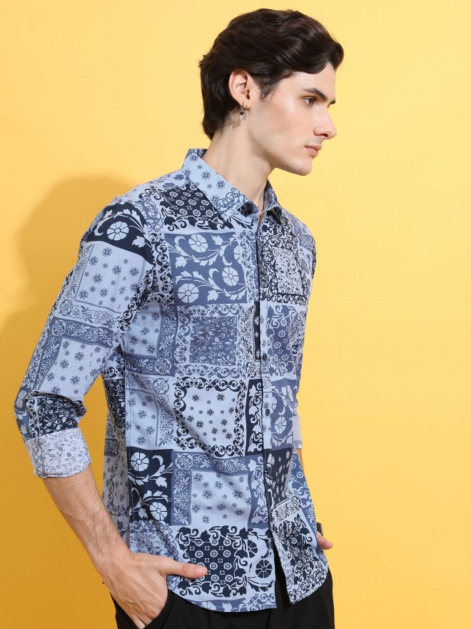 Highlander Men Blue Printed Slim Fit Casual Shirt - Blue - Image 6