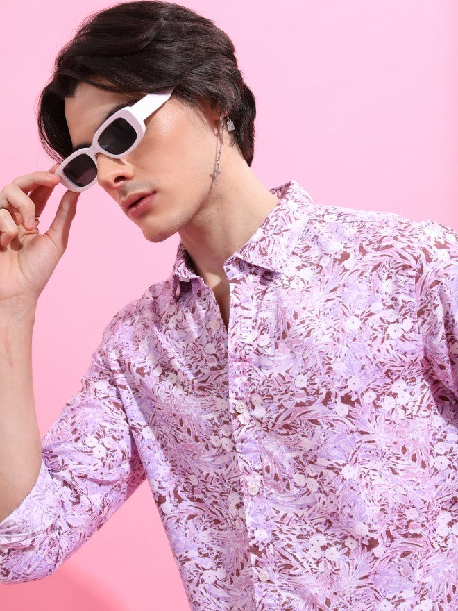 Highlander Men Lavender Printed Slim Fit Casual Shirt - Lavender - Image 7