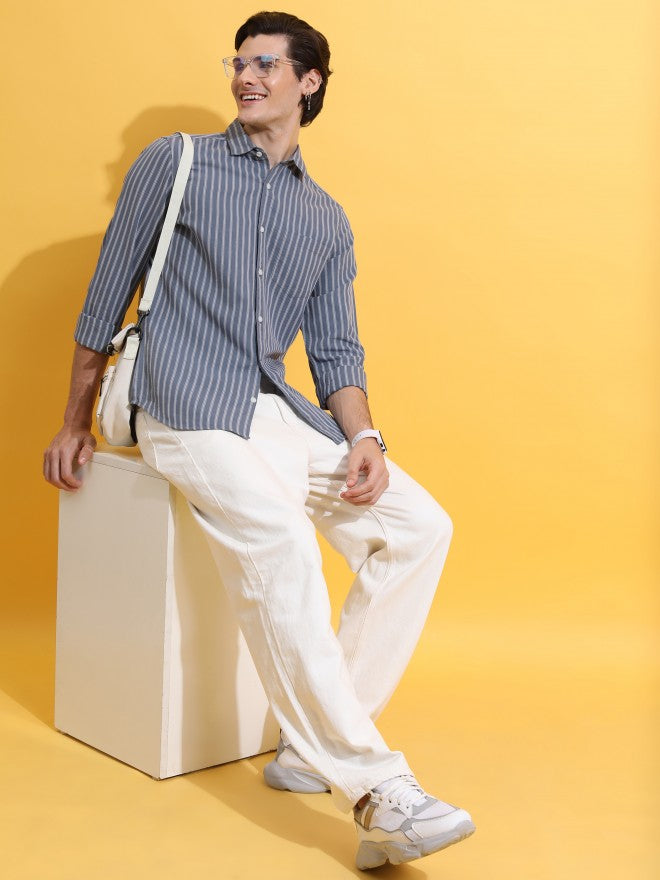 Highlander Men Grey Striped Slim Fit Casual Shirt - Grey - Image 2