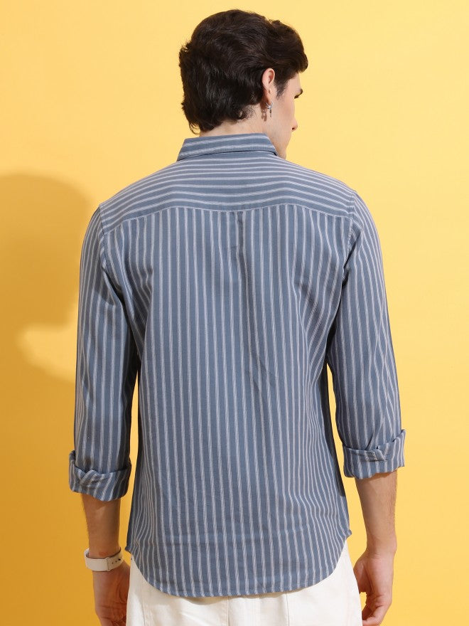 Highlander Men Grey Striped Slim Fit Casual Shirt - Grey - Image 3