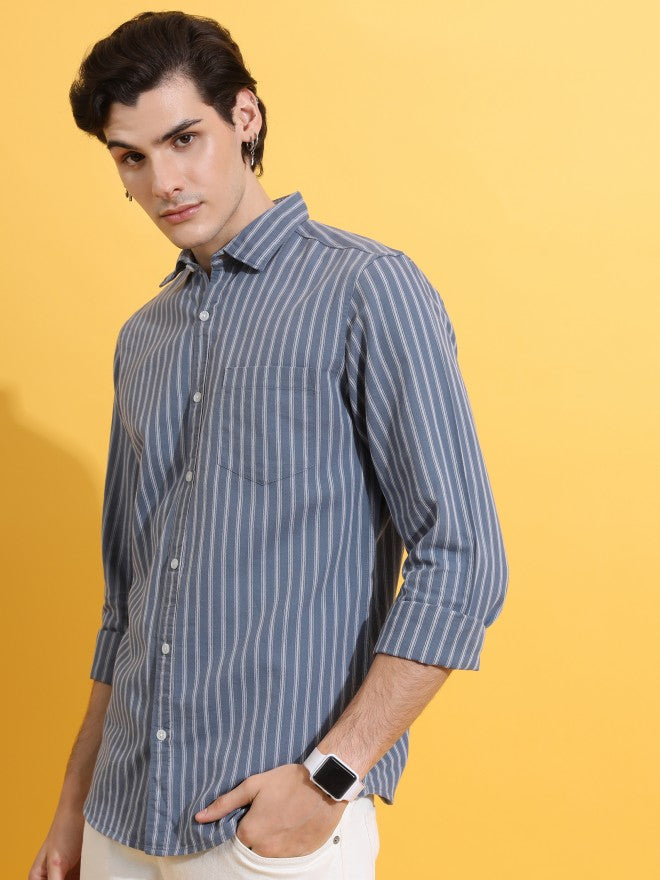 Highlander Men Grey Striped Slim Fit Casual Shirt - Grey - Image 4