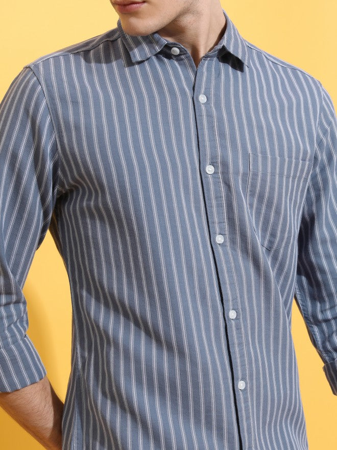 Highlander Men Grey Striped Slim Fit Casual Shirt - Grey - Image 5
