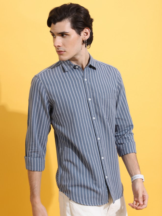 Highlander Men Grey Striped Slim Fit Casual Shirt - Grey - Image 6