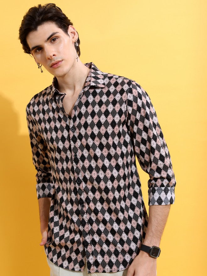 Highlander Men Pink/Black Printed Slim Fit Casual Shirt - Pink - Image 1