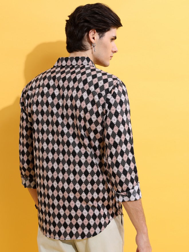 Highlander Men Pink/Black Printed Slim Fit Casual Shirt - Pink - Image 3