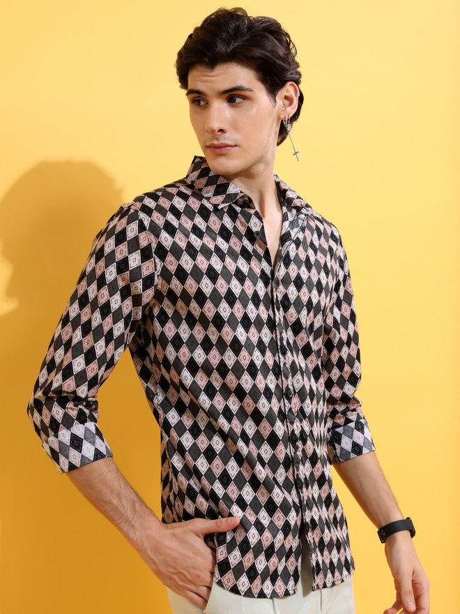 Highlander Men Pink/Black Printed Slim Fit Casual Shirt - Pink - Image 6