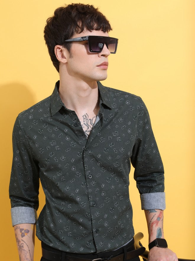 Highlander Men Green Printed Slim Fit Casual Shirt - Green - Image 1