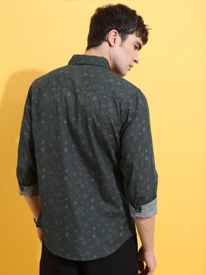 Highlander Men Green Printed Slim Fit Casual Shirt - Green - Image 3