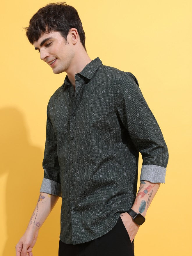 Highlander Men Green Printed Slim Fit Casual Shirt - Green - Image 4