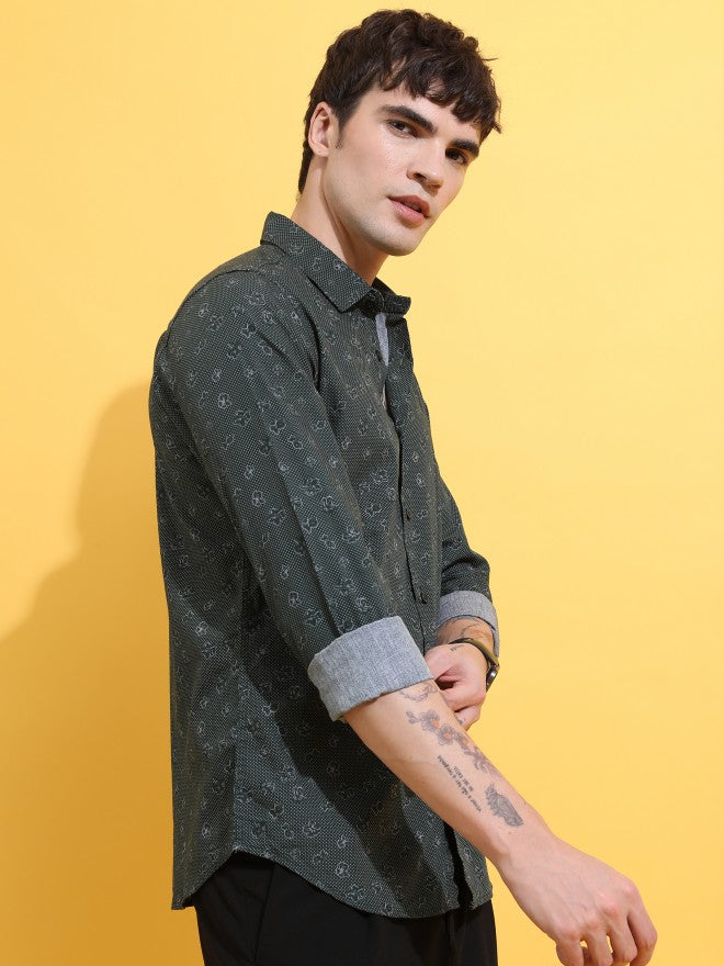 Highlander Men Green Printed Slim Fit Casual Shirt - Green - Image 6