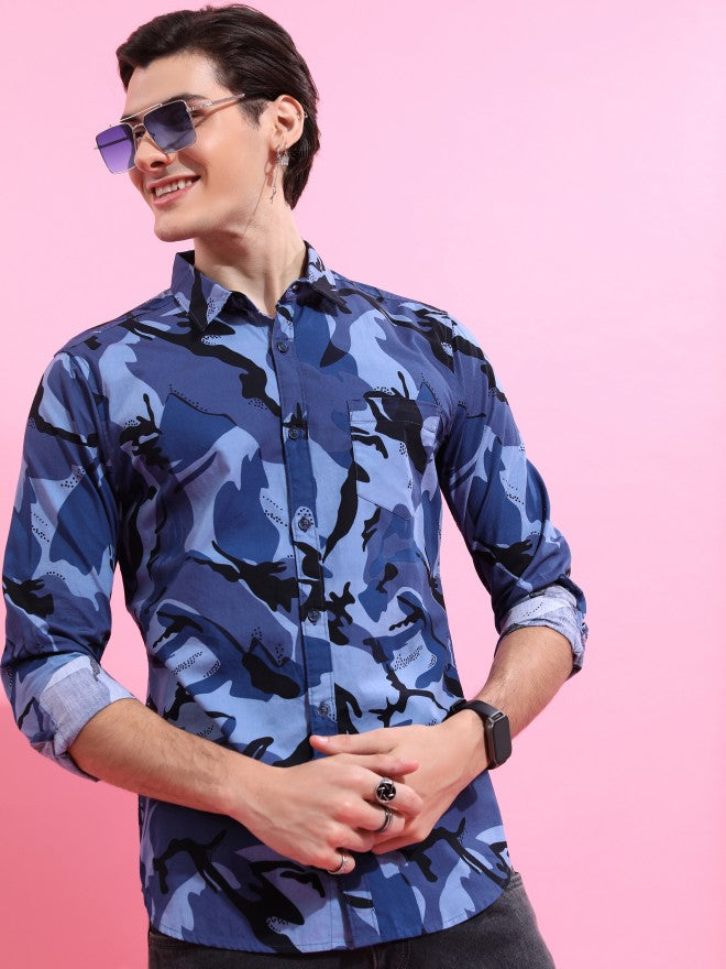 Highlander Men Blue Printed Slim Fit Casual Shirt - Blue - Image 1