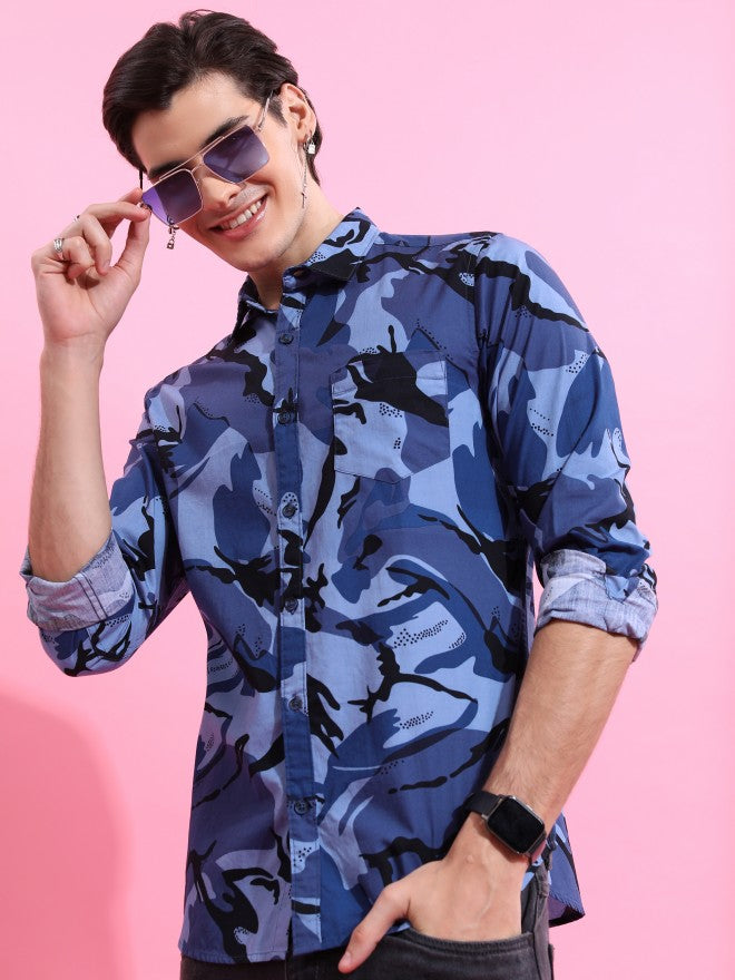 Highlander Men Blue Printed Slim Fit Casual Shirt - Blue - Image 4