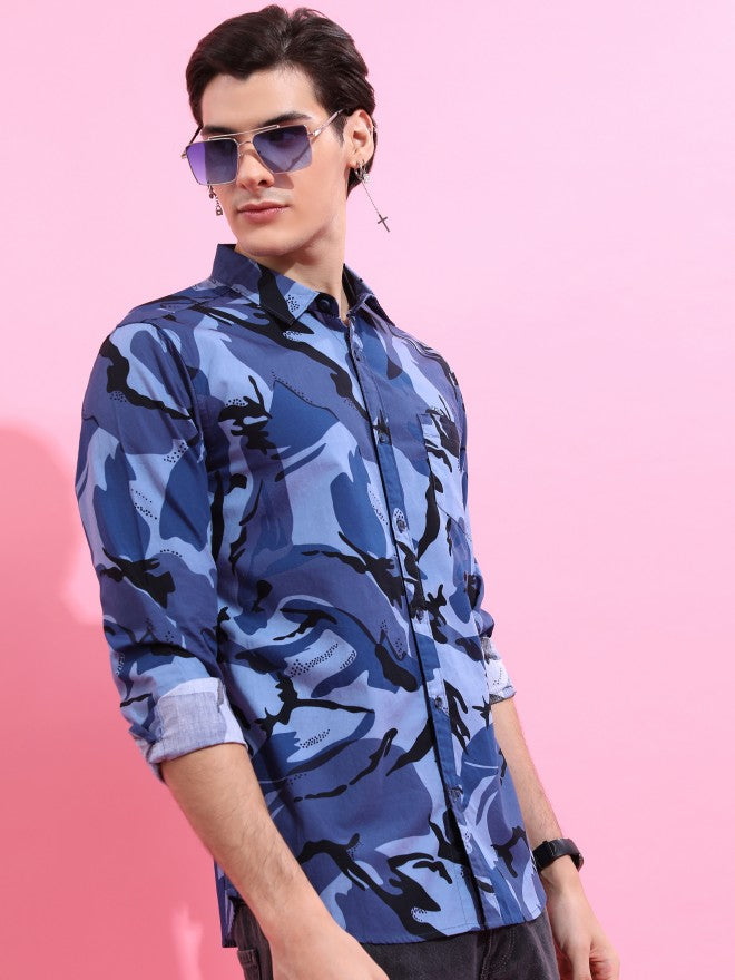 Highlander Men Blue Printed Slim Fit Casual Shirt - Blue - Image 6