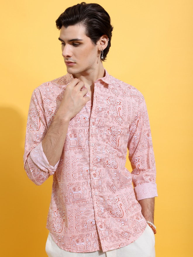 Highlander Men Peach Printed Slim Fit Casual Shirt - Peach - Image 1