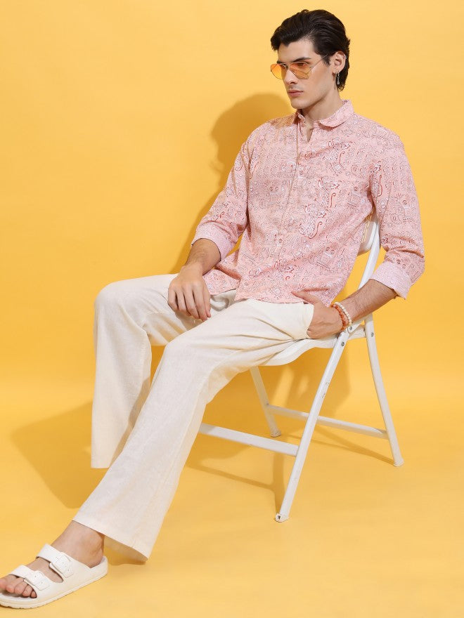 Highlander Men Peach Printed Slim Fit Casual Shirt - Peach - Image 2