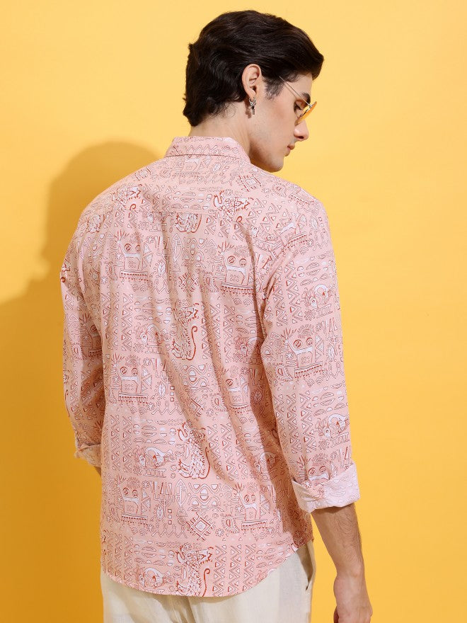 Highlander Men Peach Printed Slim Fit Casual Shirt - Peach - Image 3