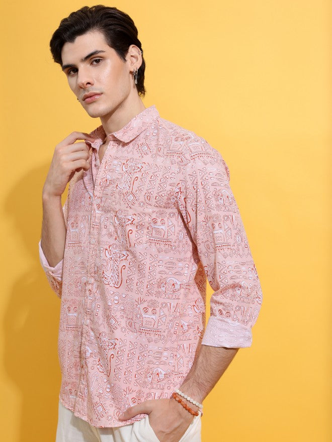 Highlander Men Peach Printed Slim Fit Casual Shirt - Peach - Image 4