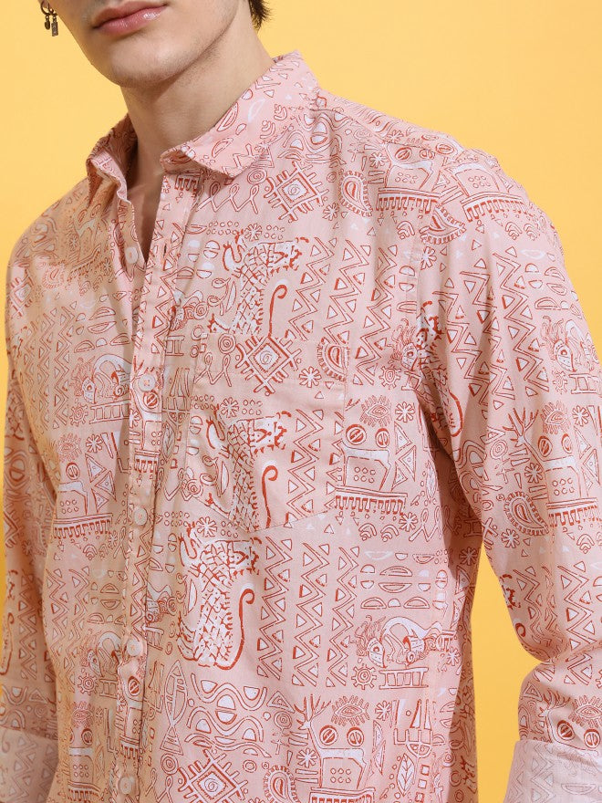 Highlander Men Peach Printed Slim Fit Casual Shirt - Peach - Image 5