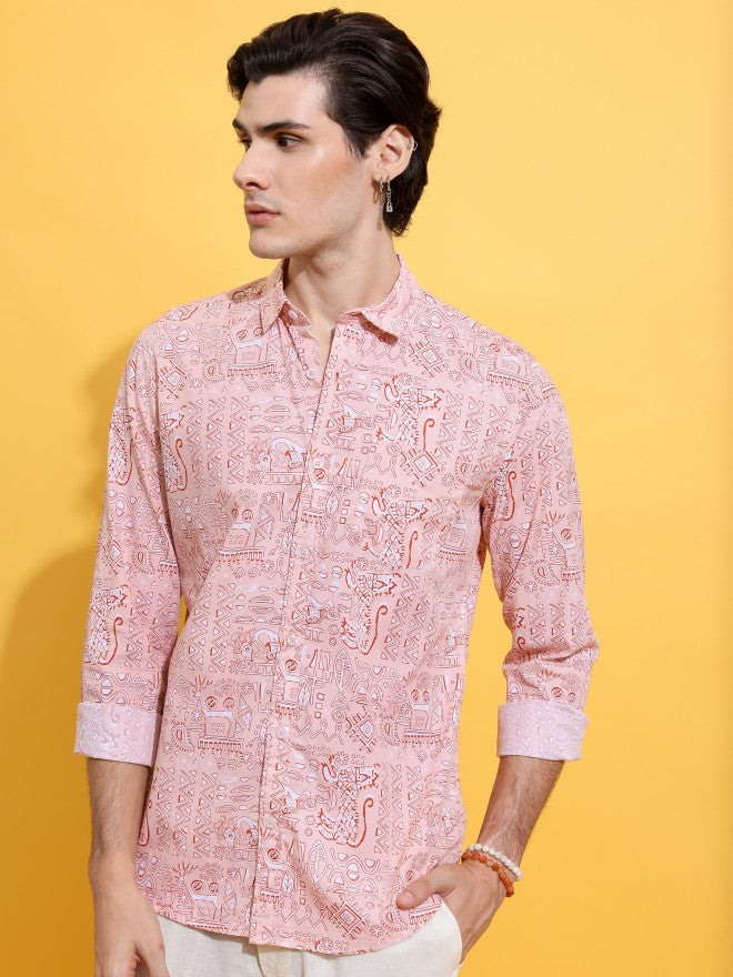 Highlander Men Peach Printed Slim Fit Casual Shirt - Peach - Image 6