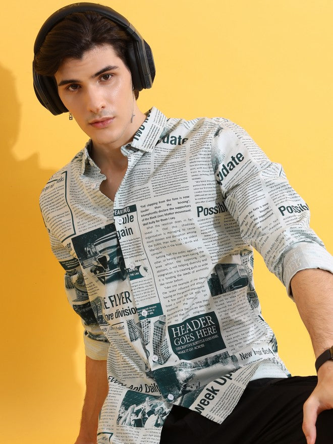 Highlander Men Teal Printed Slim Fit Casual Shirt - Teal - Image 1
