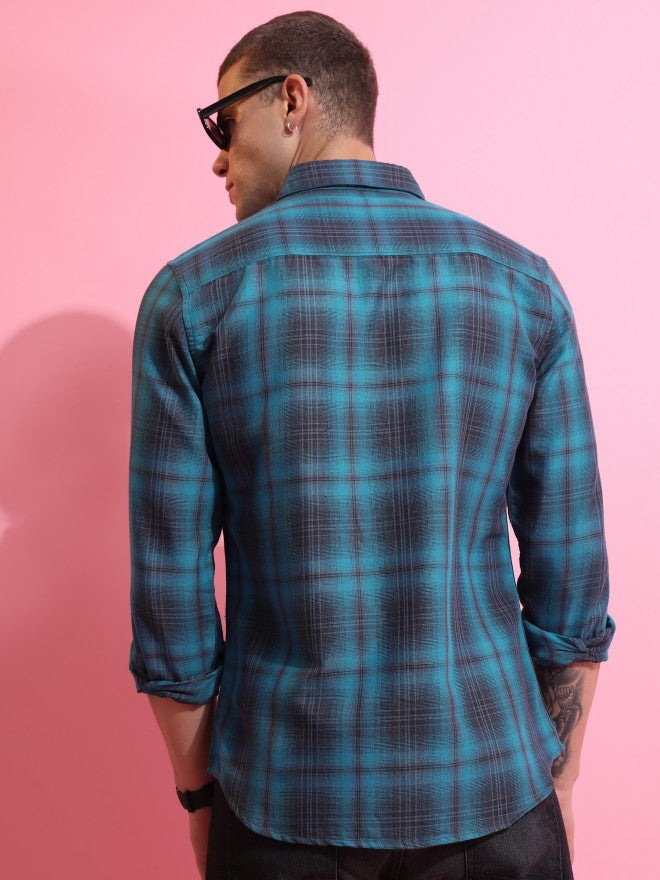 Highlander Men Blue Checked Slim Fit Casual Shirt - Blue - Image 3