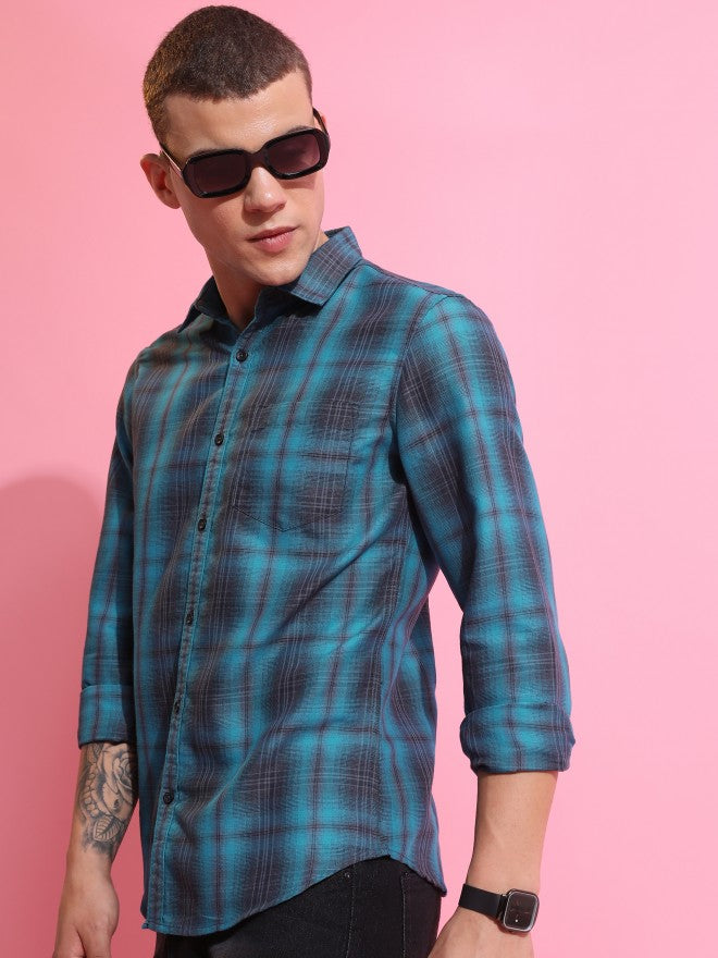 Highlander Men Blue Checked Slim Fit Casual Shirt - Blue - Image 4