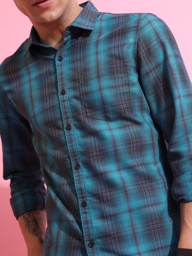 Highlander Men Blue Checked Slim Fit Casual Shirt - Blue - Image 5