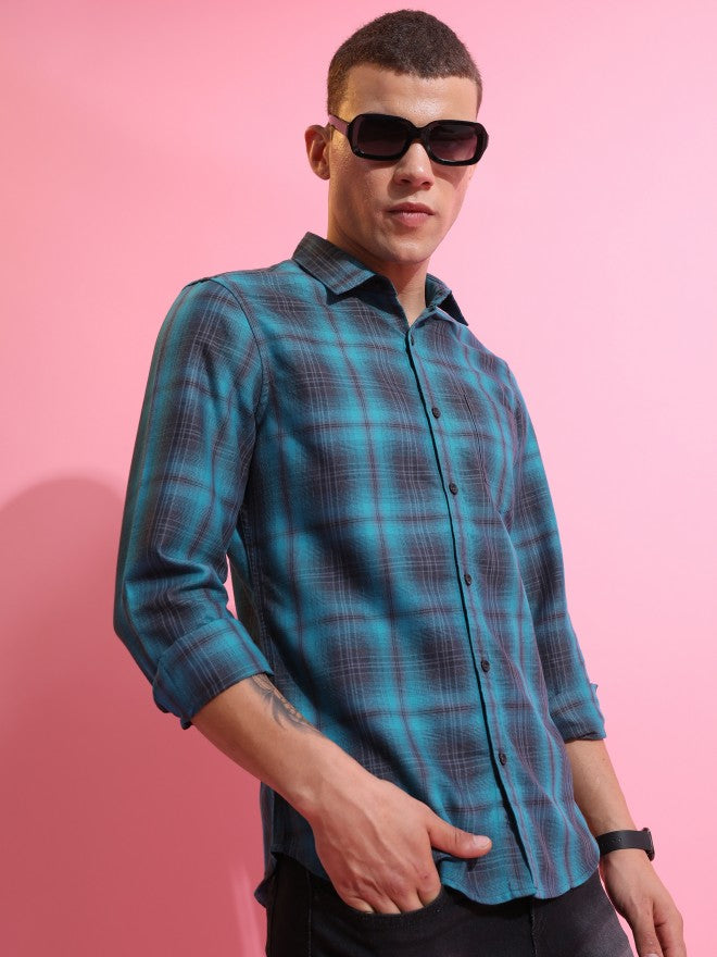 Highlander Men Blue Checked Slim Fit Casual Shirt - Blue - Image 6
