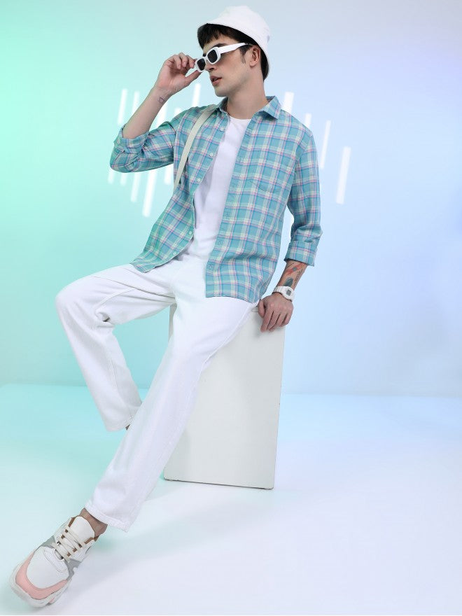 Highlander Men Blue Checked Slim Fit Casual Shirt - Blue - Image 2