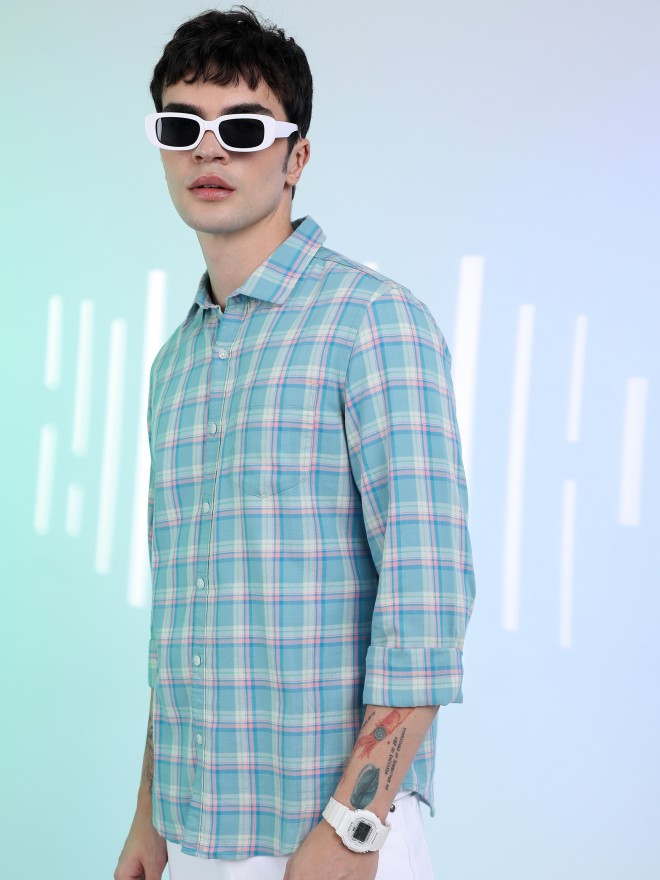 Highlander Men Blue Checked Slim Fit Casual Shirt - Blue - Image 4