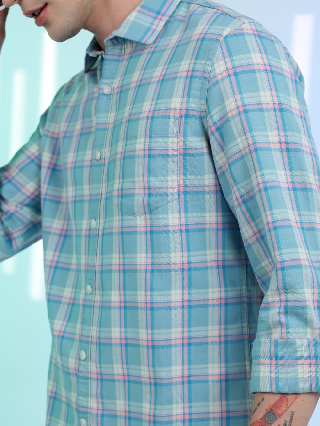 Highlander Men Blue Checked Slim Fit Casual Shirt - Blue - Image 5