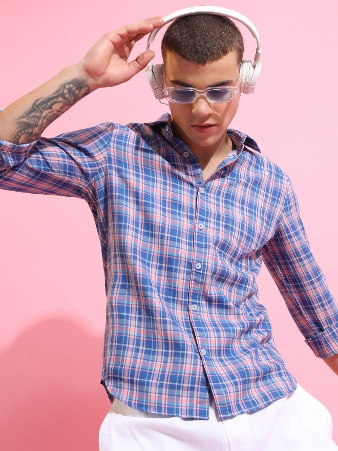 Highlander Men Blue/Pink Checked Slim Fit Casual Shirt - Blue - Image 1