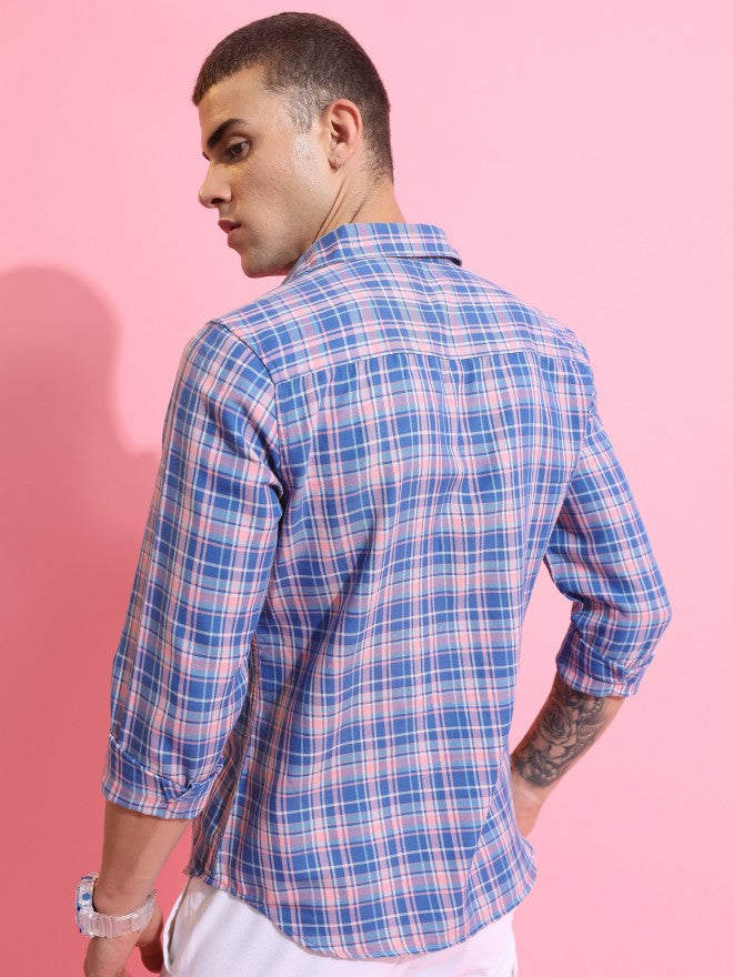 Highlander Men Blue/Pink Checked Slim Fit Casual Shirt - Blue - Image 3