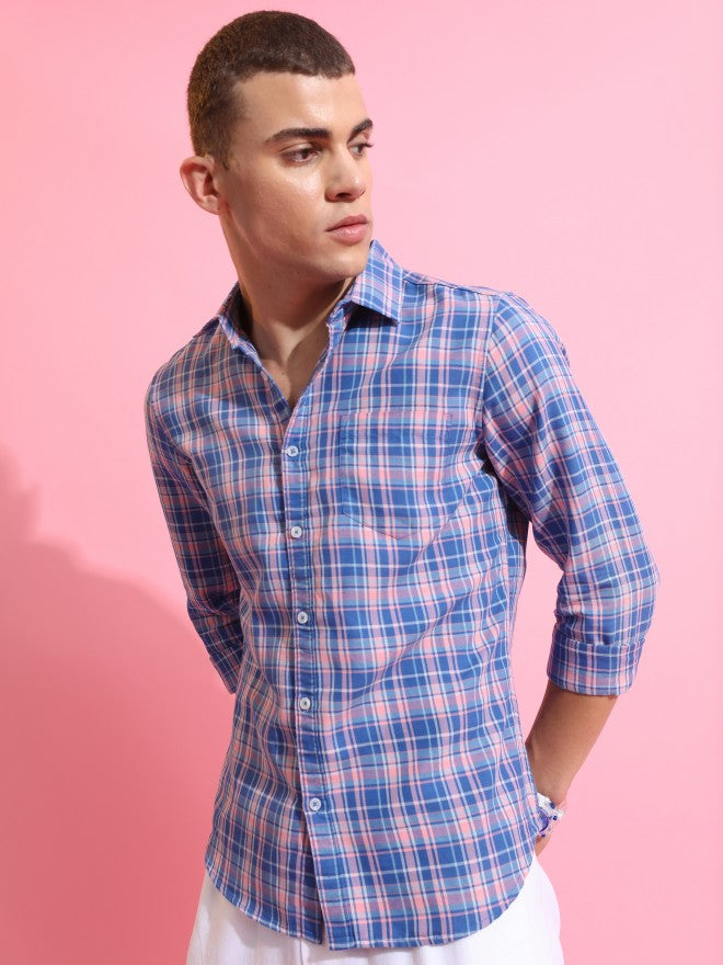 Highlander Men Blue/Pink Checked Slim Fit Casual Shirt - Blue - Image 4