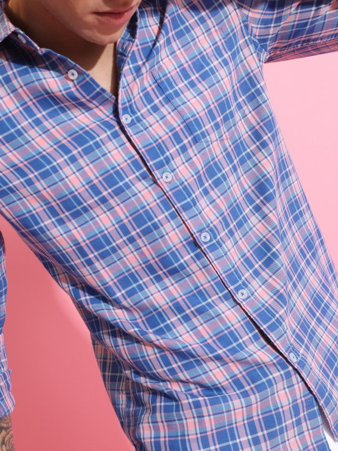 Highlander Men Blue/Pink Checked Slim Fit Casual Shirt - Blue - Image 5