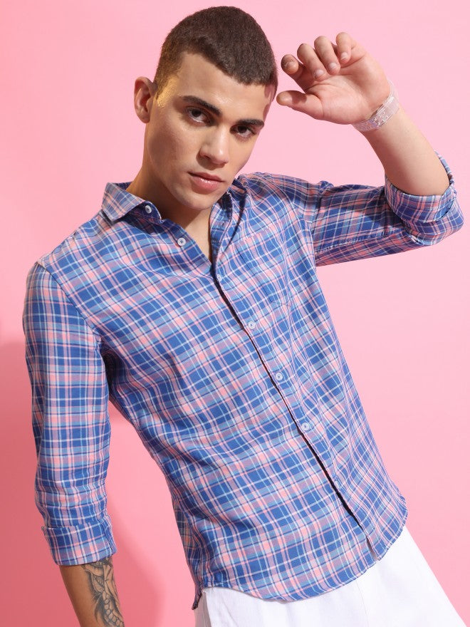 Highlander Men Blue/Pink Checked Slim Fit Casual Shirt - Blue - Image 6