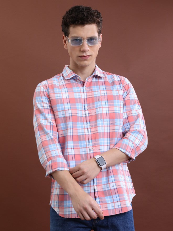 Highlander Men Pink Checked Slim Fit Casual Shirt - Pink - Image 1