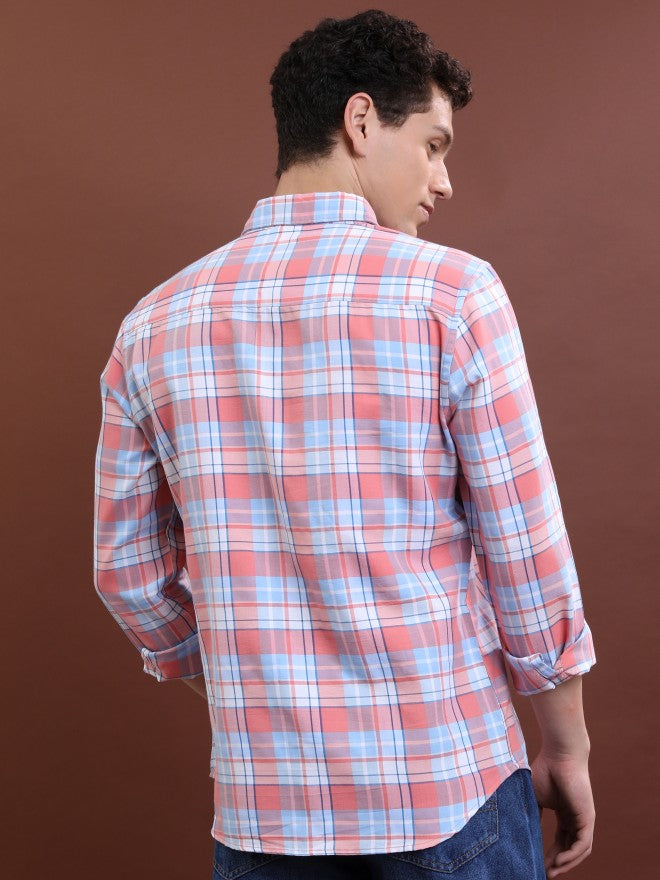 Highlander Men Pink Checked Slim Fit Casual Shirt - Pink - Image 3