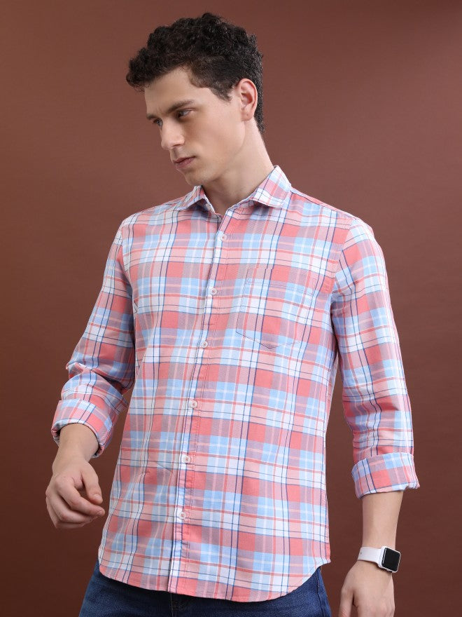Highlander Men Pink Checked Slim Fit Casual Shirt - Pink - Image 4