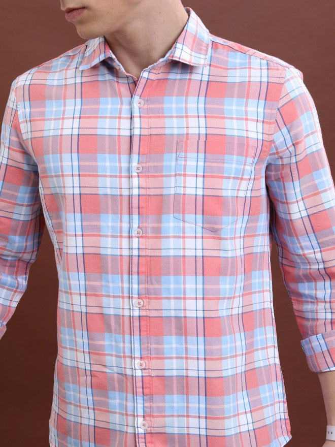 Highlander Men Pink Checked Slim Fit Casual Shirt - Pink - Image 5