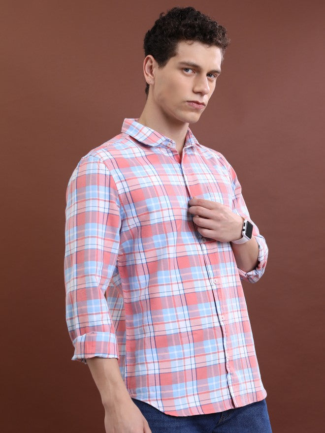 Highlander Men Pink Checked Slim Fit Casual Shirt - Pink - Image 6