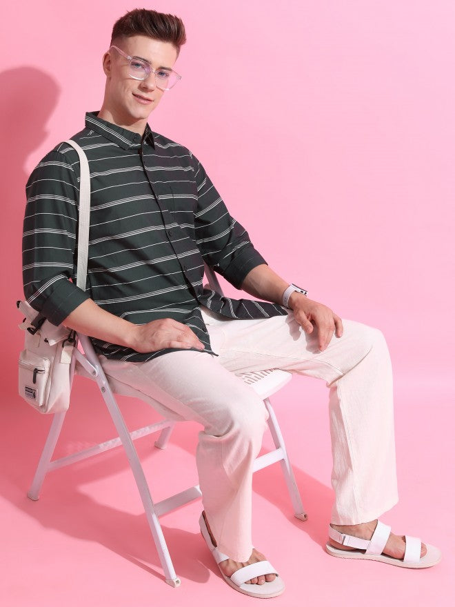 Highlander Men Olive Striped Slim Fit Casual Shirt - Olive - Image 2