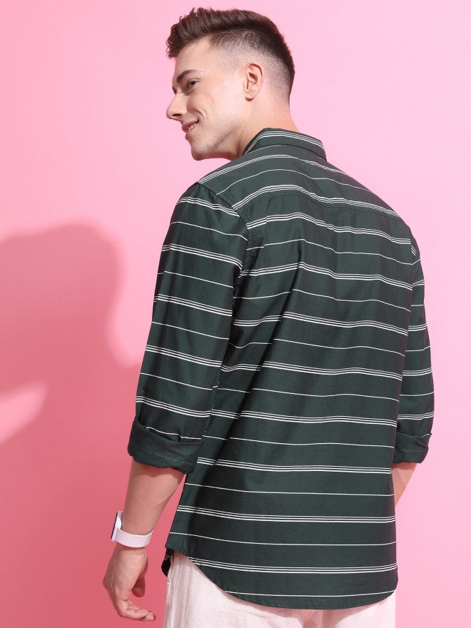 Highlander Men Olive Striped Slim Fit Casual Shirt - Olive - Image 3