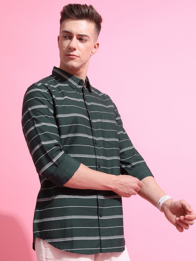 Highlander Men Olive Striped Slim Fit Casual Shirt - Olive - Image 4