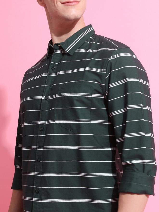 Highlander Men Olive Striped Slim Fit Casual Shirt - Olive - Image 5