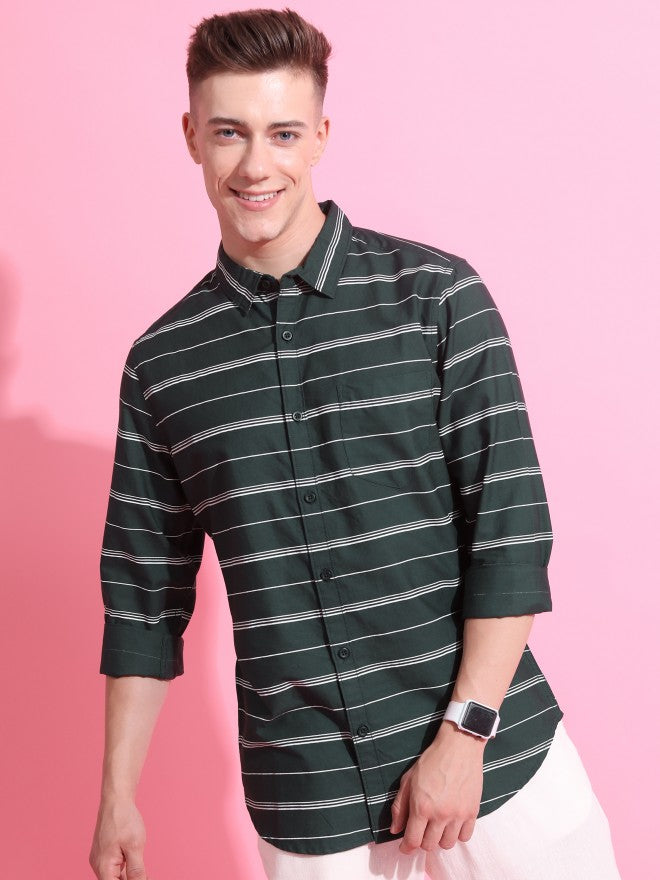 Highlander Men Olive Striped Slim Fit Casual Shirt - Olive - Image 6