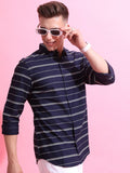 Highlander Men Navy/White Striped Slim Fit Casual Shirt - Navy Blue - Image 1