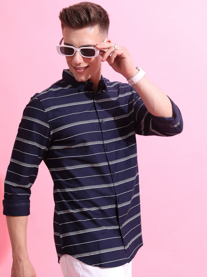 Highlander Men Navy/White Striped Slim Fit Casual Shirt - Navy Blue - Image 1